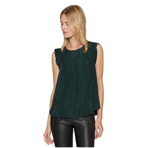 Joie Euna Dark Green Pleated Ruffle Top Flutter Sleeves Size Medium